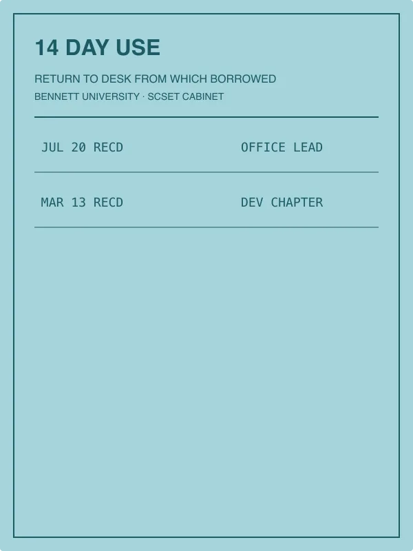 Cyan archival borrowing card with stamped loan dates